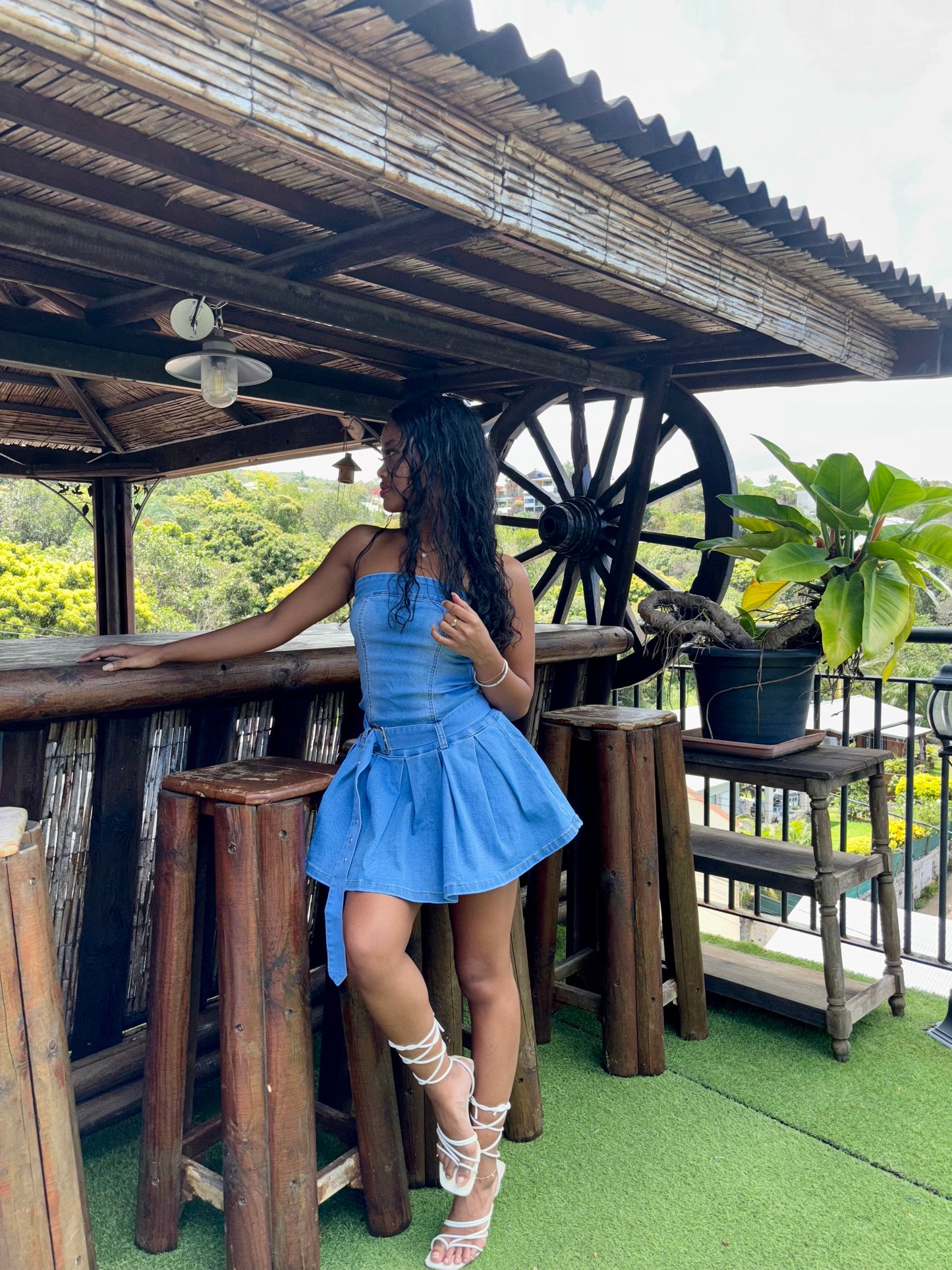 Robe en Jean Bustier Plissée avec ceinture