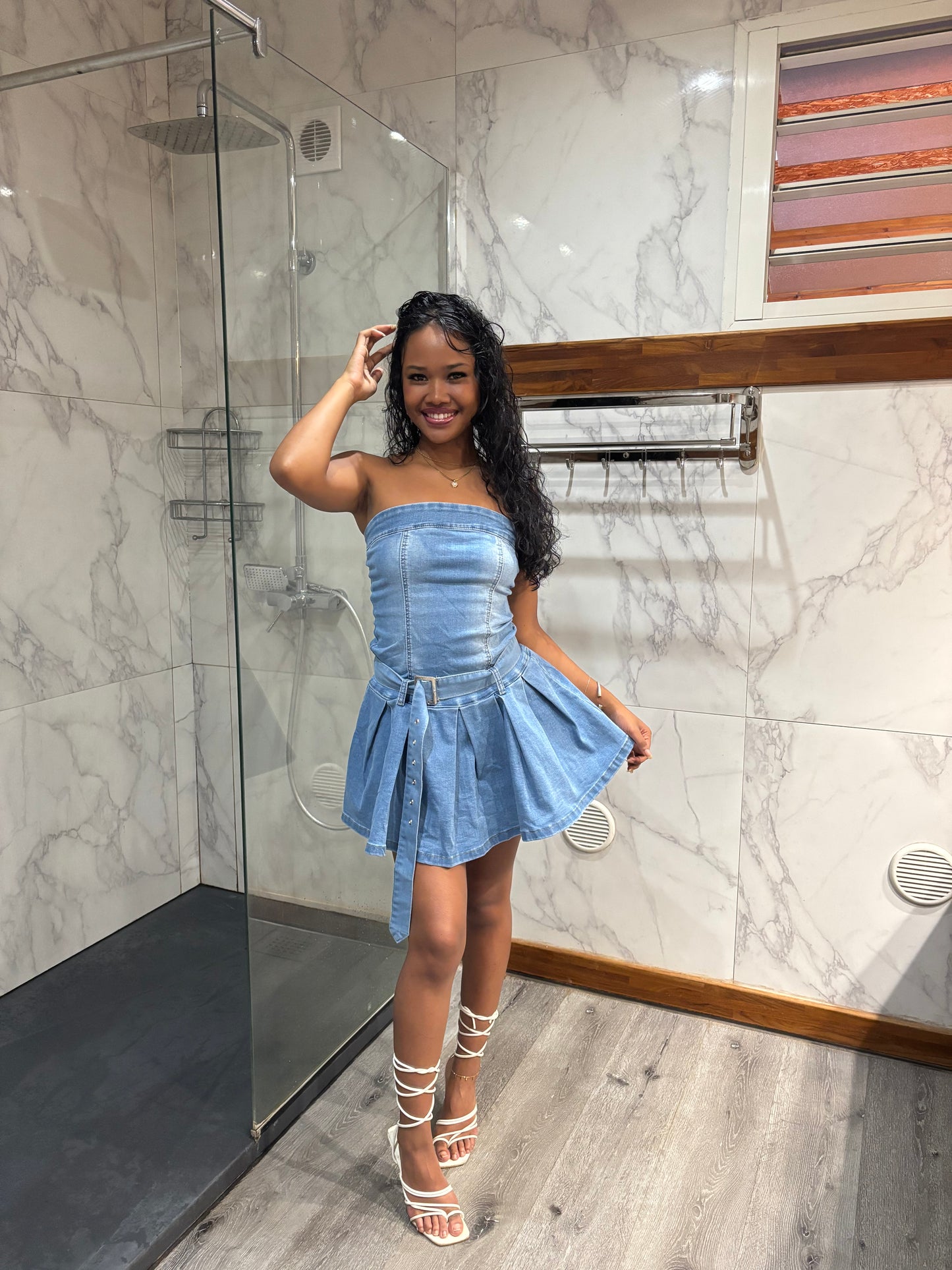 Robe en Jean Bustier Plissée avec ceinture