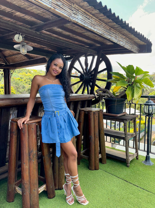 Robe en Jean Bustier Plissée avec ceinture